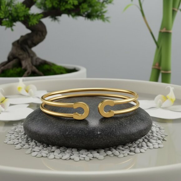 🆕 Modern Open Cuff Pin-Shaped Trendy Bracelet 18K Gold Plated Stainless Steel - Picture 5 of 14
